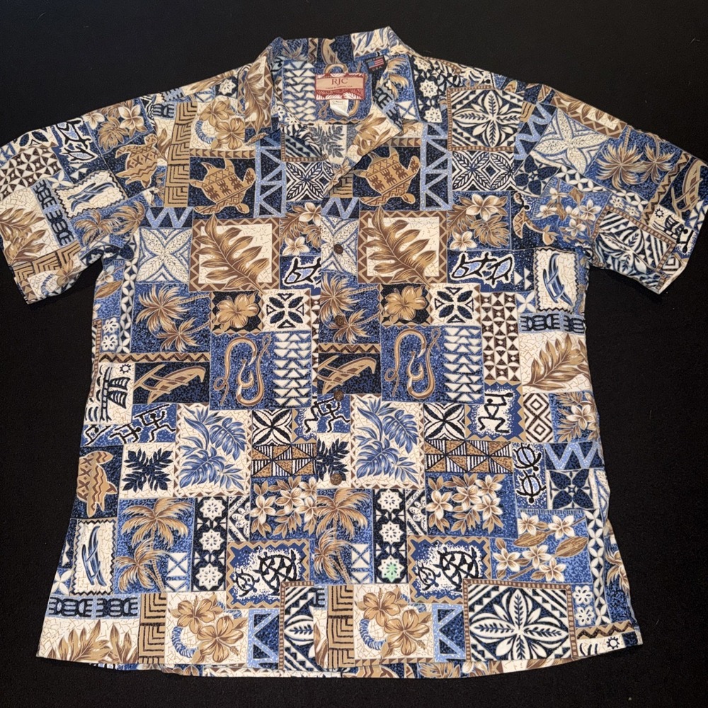 RJC Button Front Hawaiian Aloha Shirt Native Art Mens Size Large